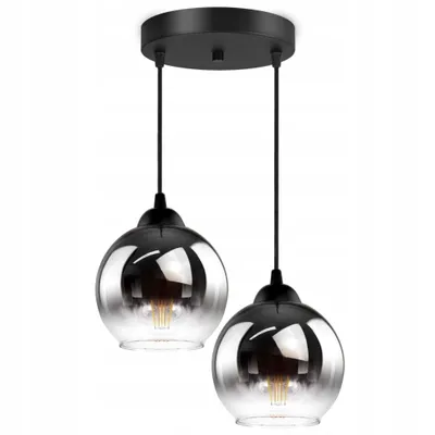 A double pendant light with glass shades.