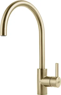 A close-up studio shot of a gold kitchen faucet against a white background.