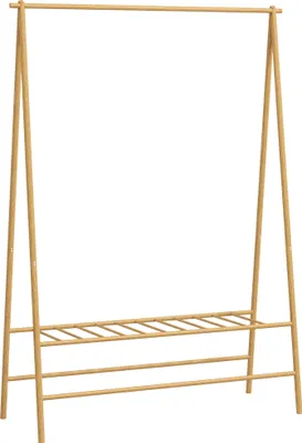 Produktbild von Garderobenständer Bambus, Kleiderständer mit Ablagen und Haken, Wäscheständer mit Kleiderstange, für Flur, Wohnzimmer, 116 x 43,5 x 160 cm, Naturholz