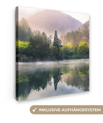 Zdjęcie produktu dla MuchoWow® - Obraz na płótnie - Natura - Drzewa - Góry - Jezioro - Woda, obraz na ścianę, dekoracja ścienna do salonu, 50x50cm
