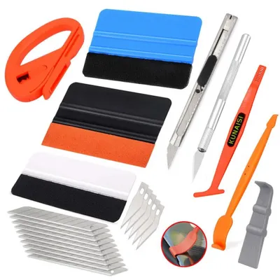 Image de Raclette pour film, kit de raclettes pour film de teinte automobile, kit d'outils pour pose de film de carrosserie, 2 raclettes en feutre, raclette pour film, cutter, couteau avec 10 lames