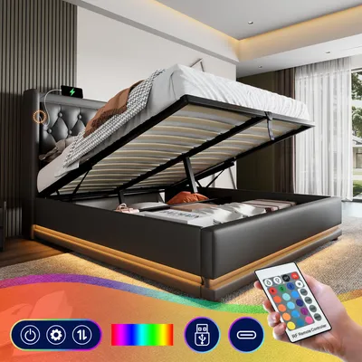 Produktbild von Flieks čalúnená posteľ 180x200cm s USB a Type-C, manželská posteľ pre mladých s LED, hydraulická úložná posteľ box spring s lamelovým rámom, PU, čierna