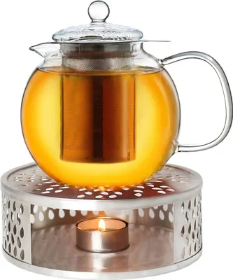Produktbild von Creano Teekanne aus Glas 0,85l + ein Stövchen aus Edelstahl, 3-teilige Glasteekanne mit integriertem Edelstahl Sieb und Glasdeckel, ideal zur Zubereitung von losen Tees, tropffrei