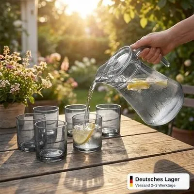 Produktbild von Wasserkrug Set 1,5L + 6 Gläser Kunststoff BPA-frei Kanne Geschirr Garten