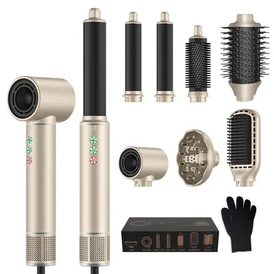 Produktbild von UKLISS 7-in-1-Haarstyler, 1300 W, 110.000 U/min, mit Diffusor, Rundbürste, Luftlockenstab, Glättbürste, Champagner