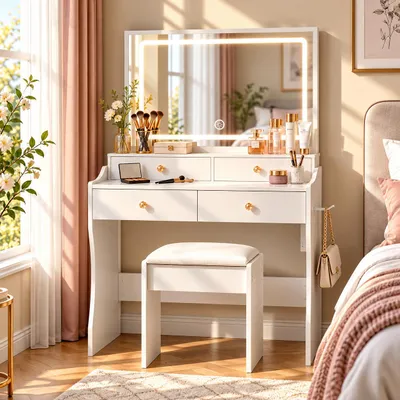 Produktbild von Schminktisch mit Hocker, LED Spiegel 86x46 cm, Steckdosenleiste & 4 Schubladen – 3 Lichtfarben dimmbar, MDF Weiß 90x40x135 cm
