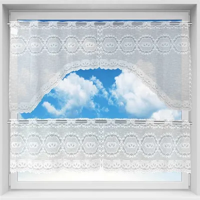 A window with white lace curtains and a view of the sky and clouds.