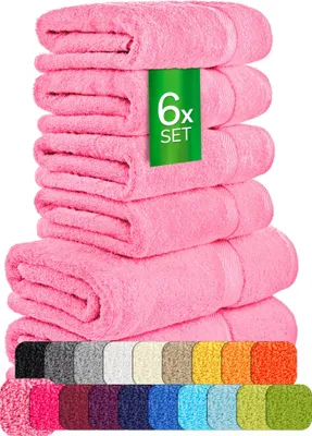 A stack of folded pink towels with a green tag indicating '6x SET'. Below the towels, a row of swatches shows various colors of towels.