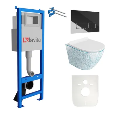 Produktbild von Lavita LAV 101 Vorwandelement für WC 40cm + Wand Hänge Tiefspül WC SOFI SLIM KRESZ Weiß/Blau Spülrandlos + Bedienplatte LAV 200.3.2 Verchromt | Komplettset | Unterputz Spülkasten | Toilette Komplett Sett