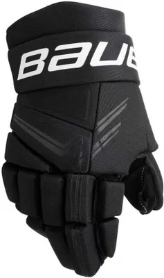 A black hockey glove with white branding.