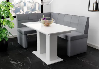 Produktbild von Eckbankgruppe 168x128 cm BLAKE R Stoff Soro Grau / Esstisch DANTE Weiß HGL