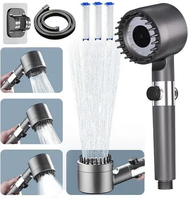 Produktbild von Hochdruck Duschkopf - Handbrause mit Filter - Wassersparender Duschkopf - 4 Strahlarten - Kopfhautmassage - 4 Filter - 1,5 m Schlauch - Halterung