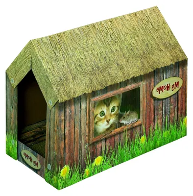 Produktbild von Katzenhaus aus Pappe mit integriertem Kratzbett und Catnip, 49 x 26 x 36 cm