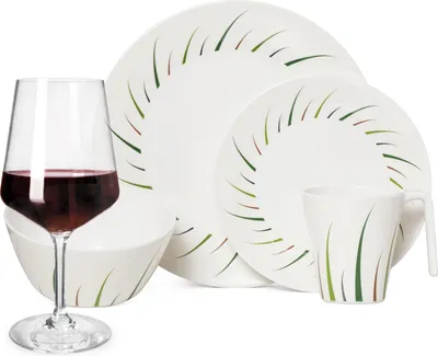 Produktbild von Melamin Camping Geschirr Set 4 Personen Limon Design 16 Teilig + Milano Gläser Rot Weingläser Tafelgeschirr Picknick BBQ Kochgeschirr