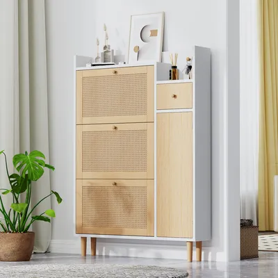 A shoe cabinet with rattan doors and a wooden door, placed in a room with curtains and a plant.