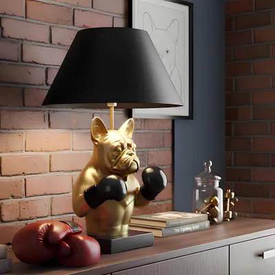 Produktbild von riess-ambiente Tischlampe BULLDOG 55cm schwarz gold Polyresin Stoffschirm Hunde-Skulptur Boxer mit Kippschalter E27