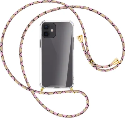 Produktbild von Handykette Backcover-Schutzhülle mit Band (Metall goldfarben) für Apple iPhone 12 Mini - rosa Karo