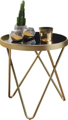 Produktbild von WOHNLING Beistelltisch PARMA 42x46x42cm Couchtisch Rund Schwarz/Matt Gold Designer Glas-Wohnzimmertisch modern Glastisch Metallgestell Kleiner