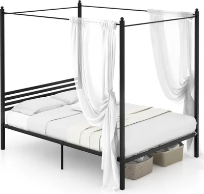 Produktbild von Doppelbett mit Baldachin, hochbelastbarer Metallbettrahmen mit 4-Poster, Plattformbett mit Metalllatten, kein Boxspring erforderlich, schwarz