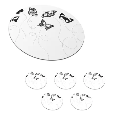 Obrázek produktu pro KitchenYeah® Skleněné podtácky kulaté Sada 6 černobílých ilustrací motýlů 10x10 cm Podtácky na sklenice - podložky pod nápoje - chrániče desky stolu - stolní podložky pod šálky