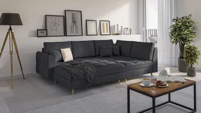 Produktbild von S-STYLE MÖBEL - Fußhocker mit Holzfüßen im skandinavischen Stil Marco aus Anthrazit Luxusmicrofaser - B/T/H: 118 cm/73 cm/40 cm