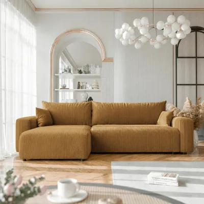 Produktbild von Ecksofa XL Castelo Poso 01 Senfgelb Cord mit Schlaffunktion und Bettkasten