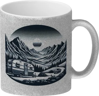 Produktbild von Camping in den Bergen Glitzer-Kaffeebecher
