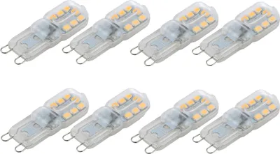 A set of eight G9 LED light bulbs arranged in two rows on a white background.