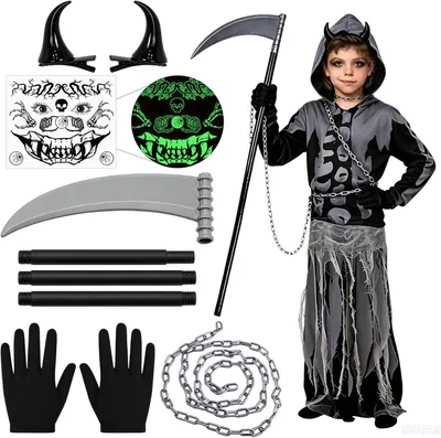 Productafbeelding van Kinderskelet kostuumset, zwart, lange capuchon, maat L, geschikt voor Halloween