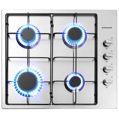 Immagine prodotto di AREBOS 58 cm piano cottura a gas 4 fuochi | Piano cottura da incasso in acciaio inox | Dispositivo di sicurezza ad accensione automatica | Per gas naturale e propano | Autosufficiente, efficiente e a risparmio energetico