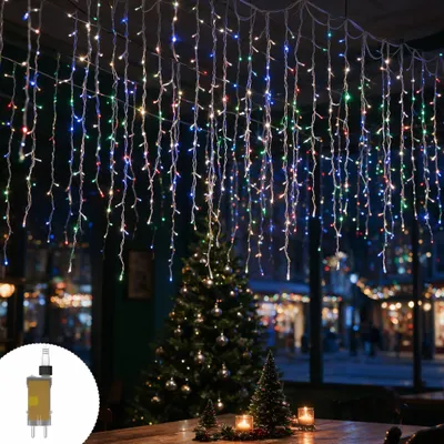 Zdjęcie produktu dla XMTECH, kurtyna świetlna LED "Eisregen", 10 metrów, 400 diod LED, wielokolorowa, do dekoracji zewnętrznej, idealna na Boże Narodzenie