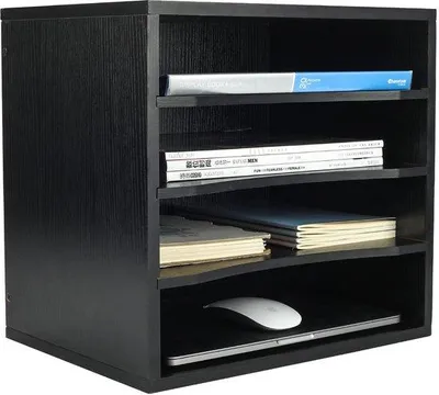 Image de Organiseur de bureau en bois à 4 compartiments, boîtes de rangement empilables, tiroir à documents en bois, trieur de courrier et de bureau, noir