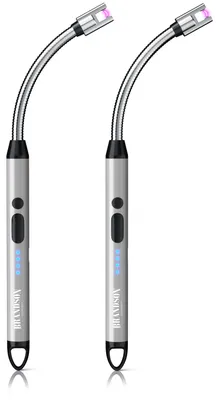 Produktbild von Brandson Lichtbogen-Feuerzeug 2er Set elektrisch mit USB-C-Ladung, flammenlos und winddicht, biegsamer Hals mit 26 cm Länge, Stabfeuerzeug, 2 Stück, silber-schwarz