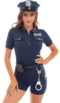 A woman wearing a police costume, including a hat, short-sleeved jumpsuit, belt with handcuffs, and a pouch.
