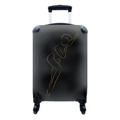 Produktbild von MuchoWow® Koffer Handgepäck Trolley Rollkoffer Kleine Reisekoffer mit 4 Rollen - Frau - Schwarz - Gold - Strichzeichnung - Cabin Size < 55x40x23 cm & 55x40x20 cm - Fotokoffer - Kabinenkoffer - Boardgepäck - Reise-Box - Reisekoffer - Reisegepäck - Koffer mit Bild - Trolley für Kinder