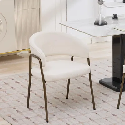 Produktbild von Esszimmerstuhl mit Armlehnen und Metallbeinen in Antik-Messingoptik Chenille Küchenstühle Freizeitstühle Beige