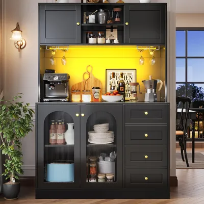 Produktbild von Buffetschrank mit LED-Lichtleiste, 120x40x188cm, 4 Türen, Schubladen und geriffeltem Glas, Schwarz, MDF und Metall