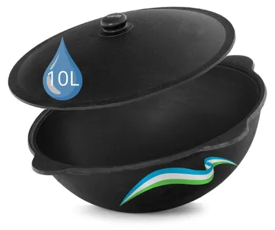 Produktbild von Authentischer usbekischer Kazan aus Gusseisen 10 L mit Aluminium Deckel - Kasan unbeschichtet für echten Plov Schwenktopf Namangan Dutch Oven