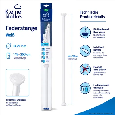 Produktbild von Kleine Wolke Federstange Duschvorhangstange Weiß 130-250cm Ø25mm ohne Bohren