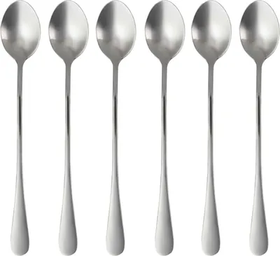 Image de Intirilife Lot de 6 cuillères en acier inoxydable argenté - 19 cm de long - Cuillère à glace à long manche Cuillère à dessert pour café Latte Macchiato Longdrinks Cocktails Thé glacé