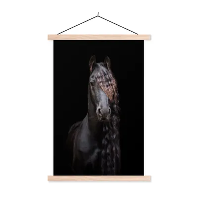 Produktbild von MuchoWow® Textilposter Pferde - Friesisch - Mähne - Schwarz - Tiere 40x60 cm mit holzfarbenen Rahmen - Poster