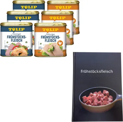 Produktbild von TULIP Bundle 6x Frühstücksfleisch Schwein Hähnchen 340g Delikatesse + Kochbuch