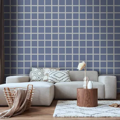 Productafbeelding van Vliesbehang - Lijnen en symmetrie - Uitgebreid wit raster op een blauwe achtergrond, 50x1000 cm, patroon f-A-10208-j-a