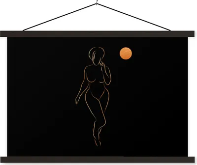 Produktbild von MuchoWow® Textilposter Frau - Mond - Schwarz - Strichzeichnung 60x40 cm mit schwarzem Rahmen - Hölzernes