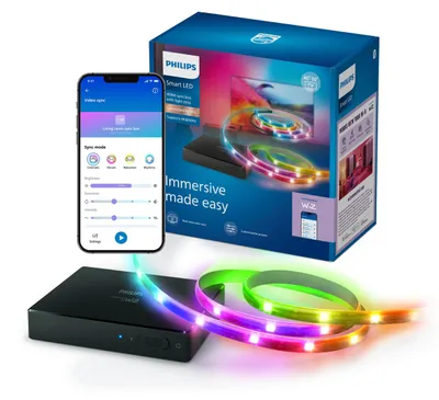 Produktbild von Philips HDMI Sync Box mit TV-Hintergrundbeleuchtung für TVs von 40–50", Connected by WiZ, Set für intelligente Beleuchtung, Wi-Fi/Bluetooth, Schwarz, Wi-Fi 4 (802.11n), 802.11b, 802.11g, LED, Kunststoff