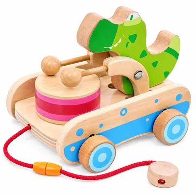 Produktbild von Holz Nachziehspielzeug für Babys ab 12 Monaten, Krokodil mit Trommel, Lauflernspielzeug ohne Batterie, Nachziehtier für Krabbeln & Laufen lernen