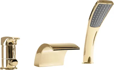 A gold-colored bathtub faucet set with a waterfall spout and a handheld showerhead, isolated on a white background.