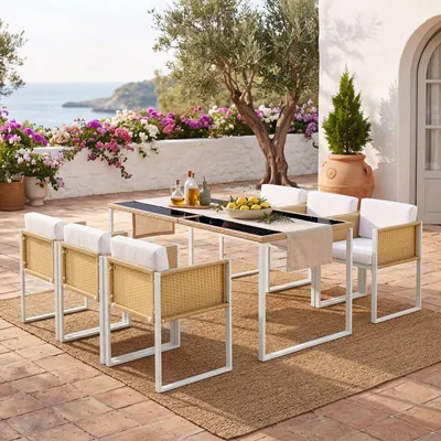 Produktbild von MODFU Gartenmöbel-Set Freizeitsofa mit Sesseln und einem Esstisch Gartensofa für 6 Personen Outdoor-Möbel für den Garten geeignet Braun+Weiß