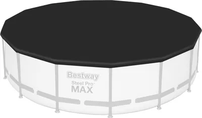 A black pool cover is shown on top of a round, above-ground swimming pool.