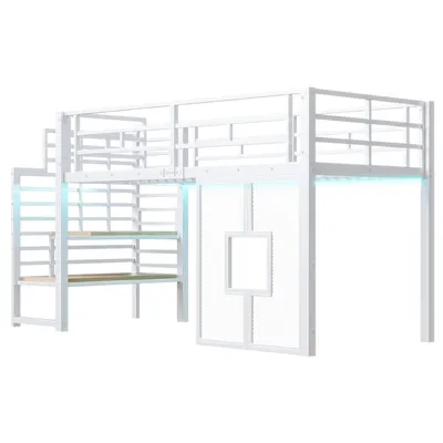 Produktbild von Flieks Etagenbett 90x200cm mit Led, Kinder Hochbett mit Treppe und Lattenrost, Kinderbett Metallbett mit Rausfallschutz, Hausbett Weiß